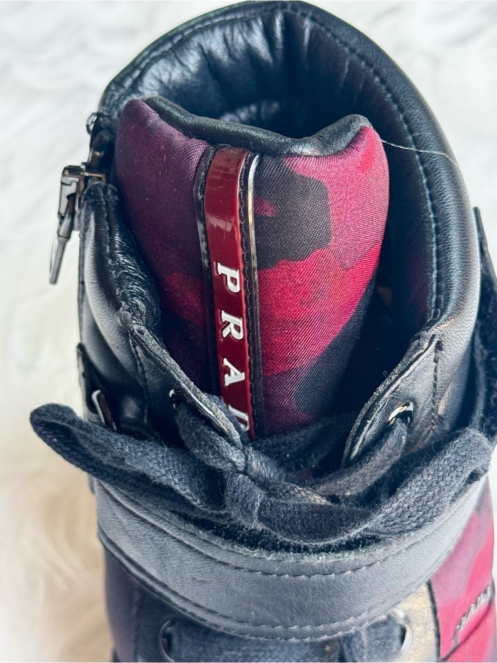 PRADA Women Black Leather Red Camo Textile Padded Collar Ankle Boots Sz 7.5 38 - Picture 6 of 17
